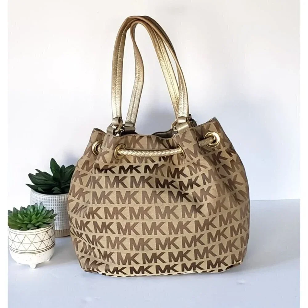 Michael Kors Jet Set Large Signature Gathered Hobo Satchel Tote Gold and Brown